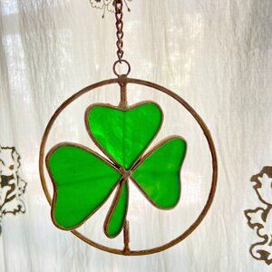 Vintage Hanging Stained Glass Shamrock Clover Spinning Suncatcher Mobile Window